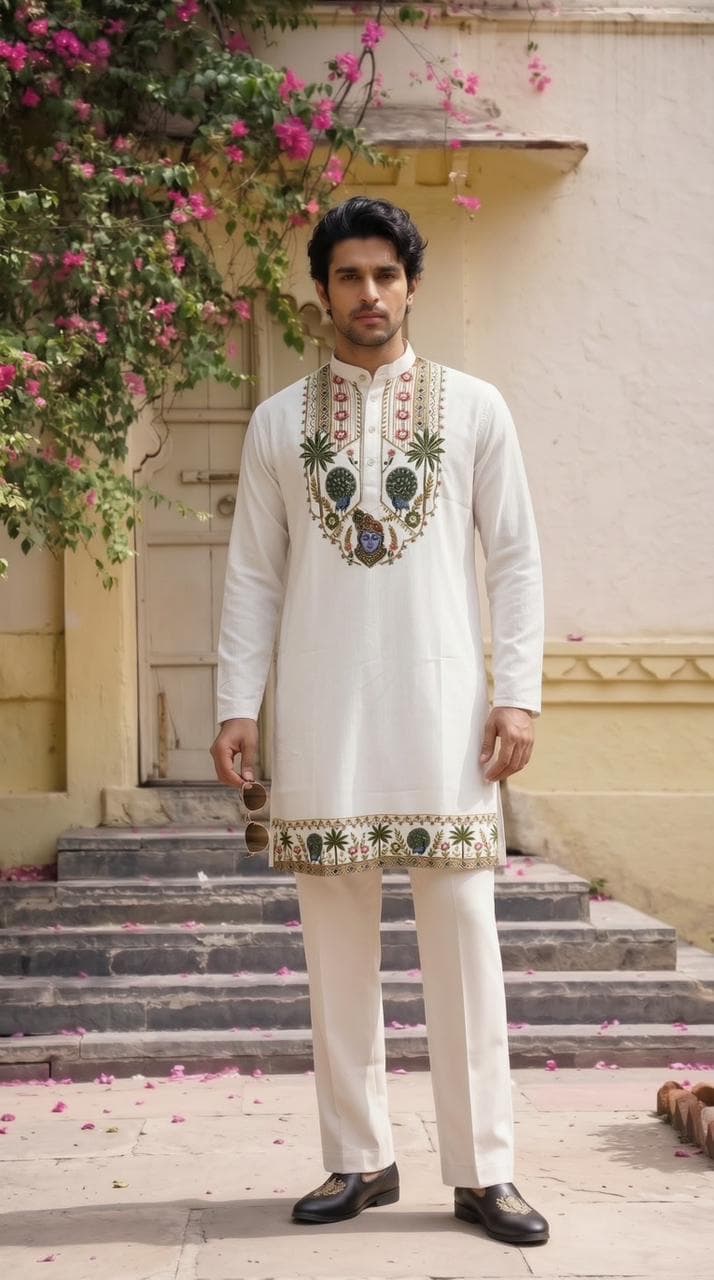 Classic Off-White Shrinathji Festive Designer Kurta with Diamond Work