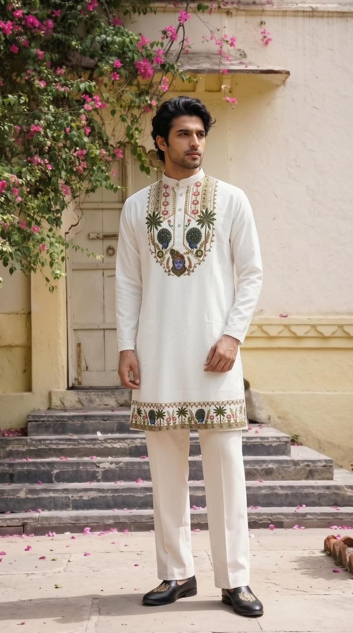 Classic Off-White Shrinathji Festive Designer Kurta with Diamond Work