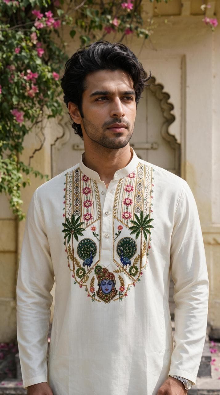 Classic Off-White Shrinathji Festive Designer Kurta with Diamond Work
