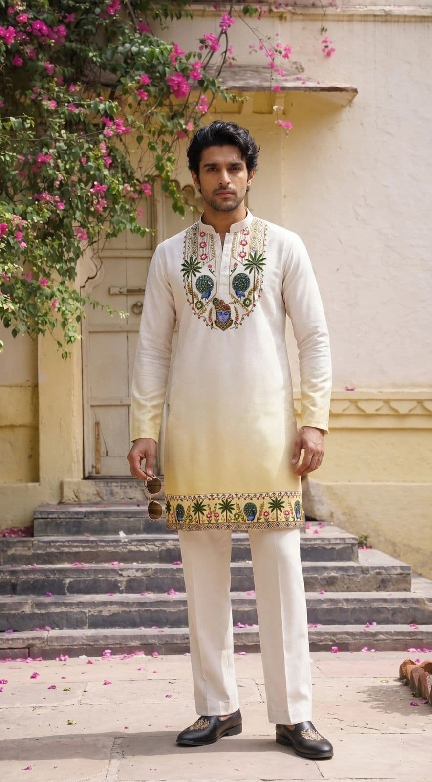 Off-White & Pastel Yellow Shrinathji Digital Shading Kurta with Diamond Work