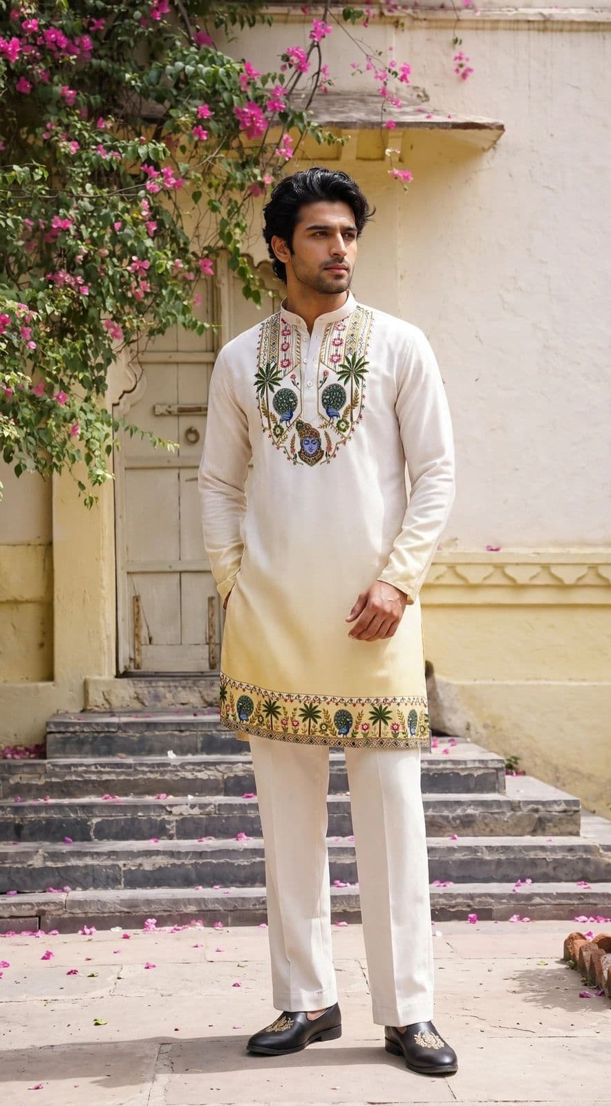 Off-White & Pastel Yellow Shrinathji Digital Shading Kurta with Diamond Work