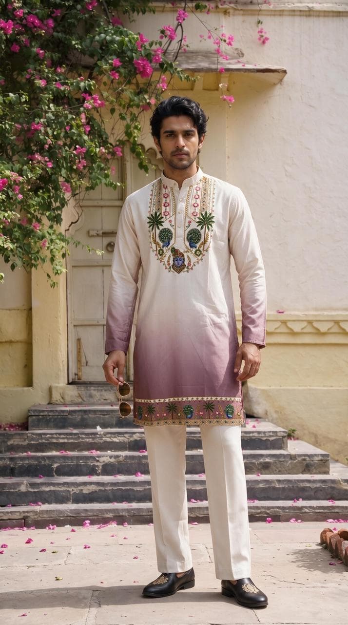 Off-White & Dusty Mauve Shrinathji Digital Shading Kurta with Diamond Work