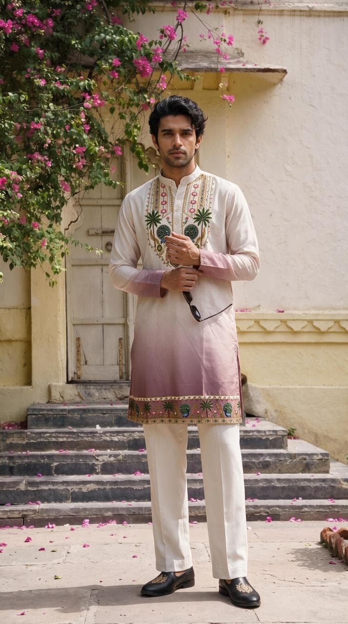 Off-White & Dusty Mauve Shrinathji Digital Shading Kurta with Diamond Work