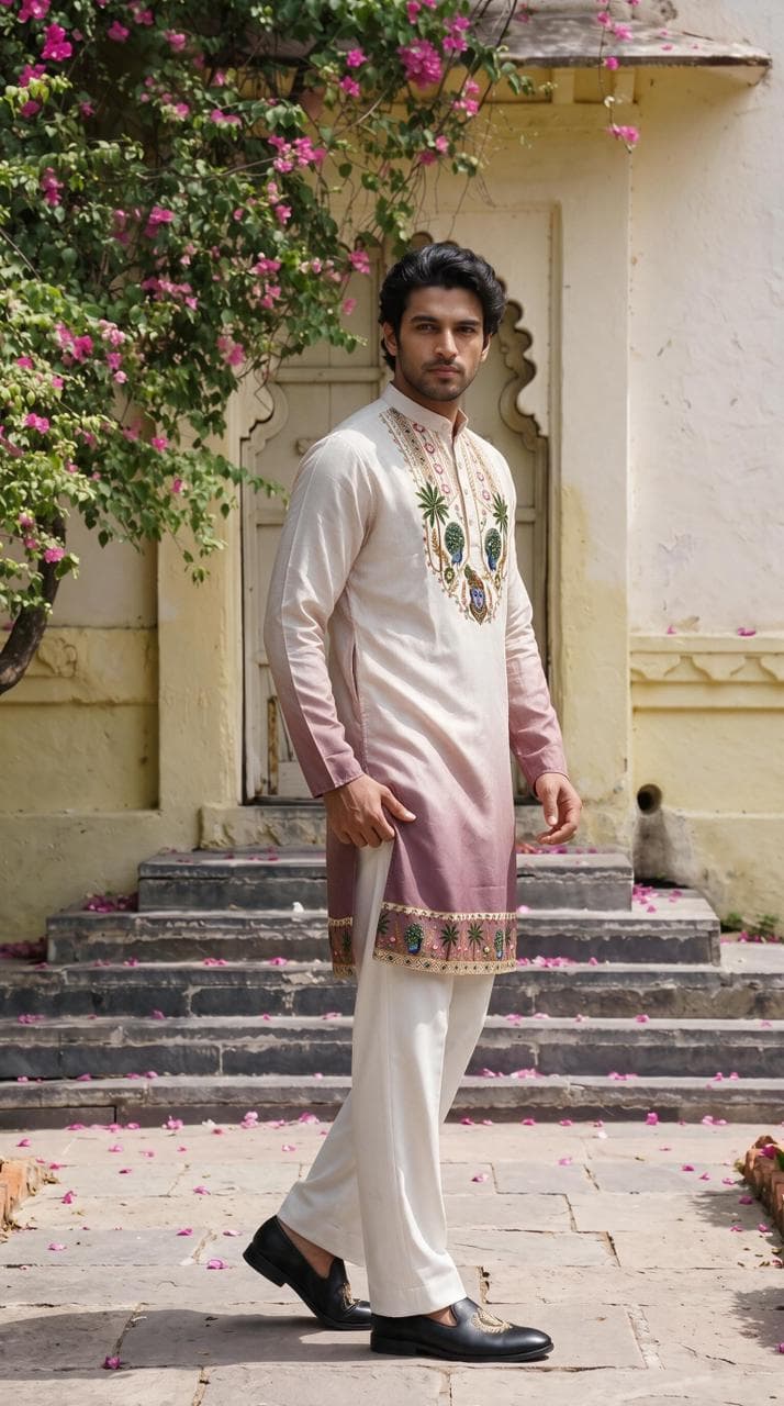 Off-White & Dusty Mauve Shrinathji Digital Shading Kurta with Diamond Work