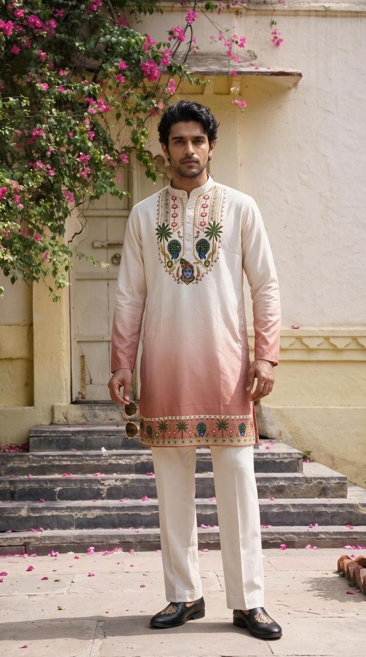 Off-White & Peach Shrinathji Digital Shading Kurta with Diamond Work