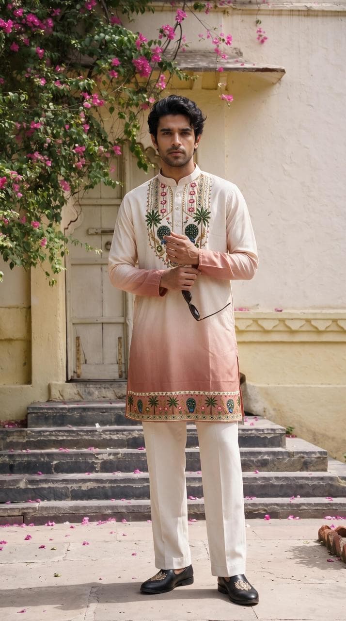 Off-White & Peach Shrinathji Digital Shading Kurta with Diamond Work