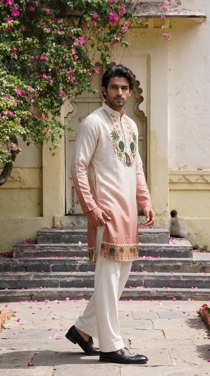 Off-White & Peach Shrinathji Digital Shading Kurta with Diamond Work