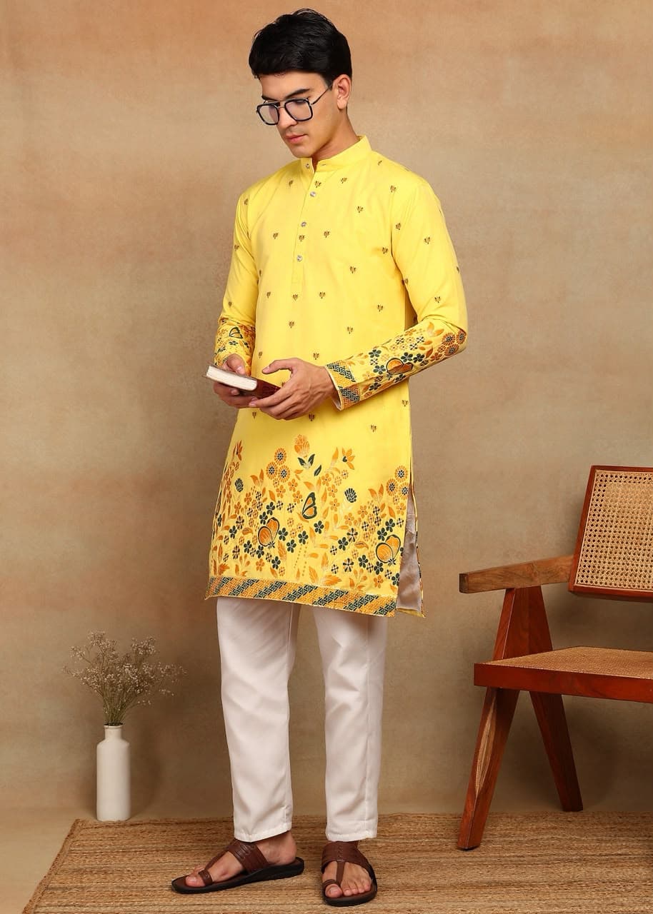 Bright Yellow Butterfly Daman Design Cotton Silk Kurta Set