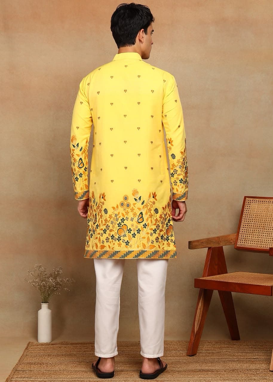 Bright Yellow Butterfly Daman Design Cotton Silk Kurta Set