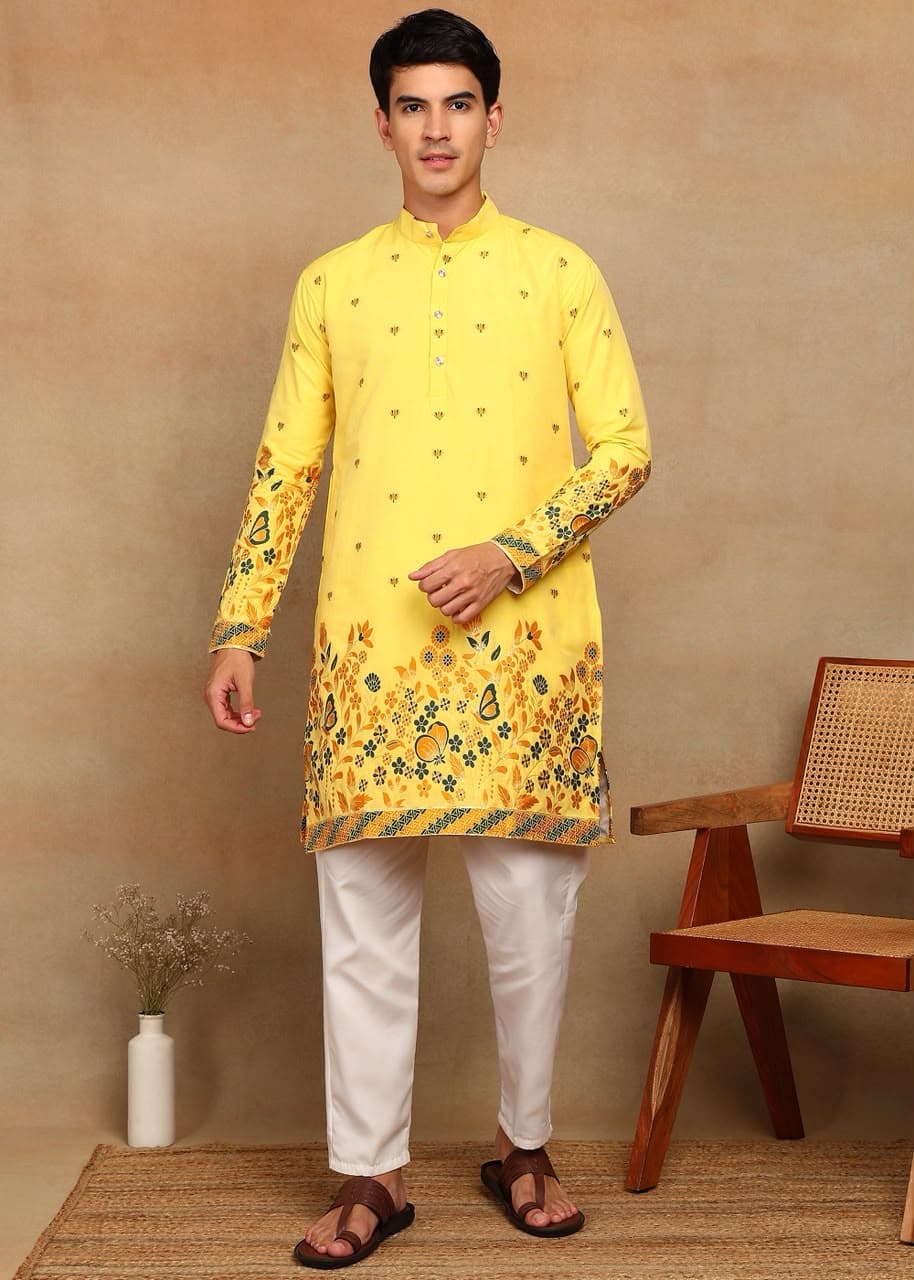 Bright Yellow Butterfly Daman Design Cotton Silk Kurta Set