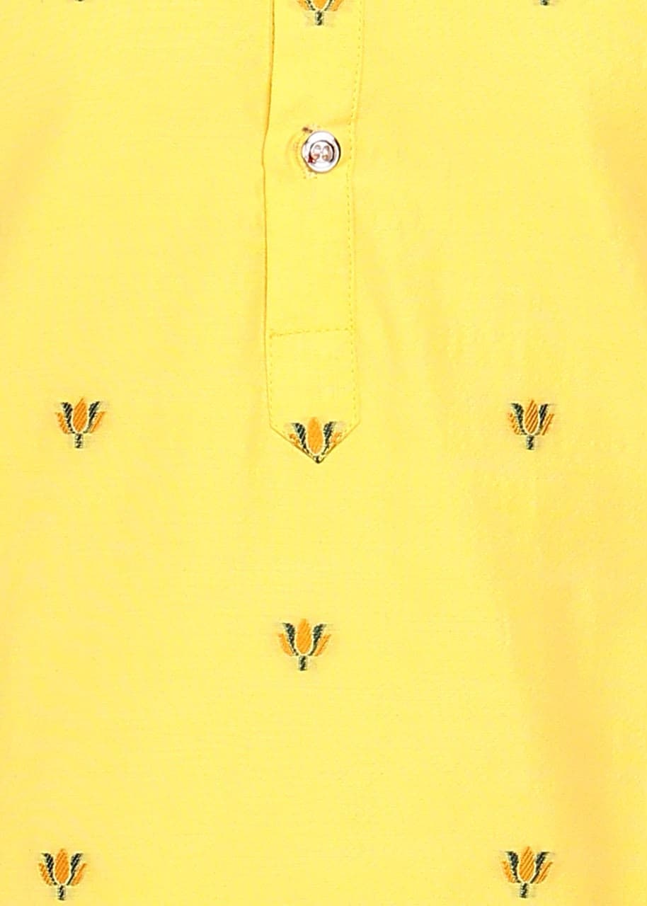 Bright Yellow Butterfly Daman Design Cotton Silk Kurta Set