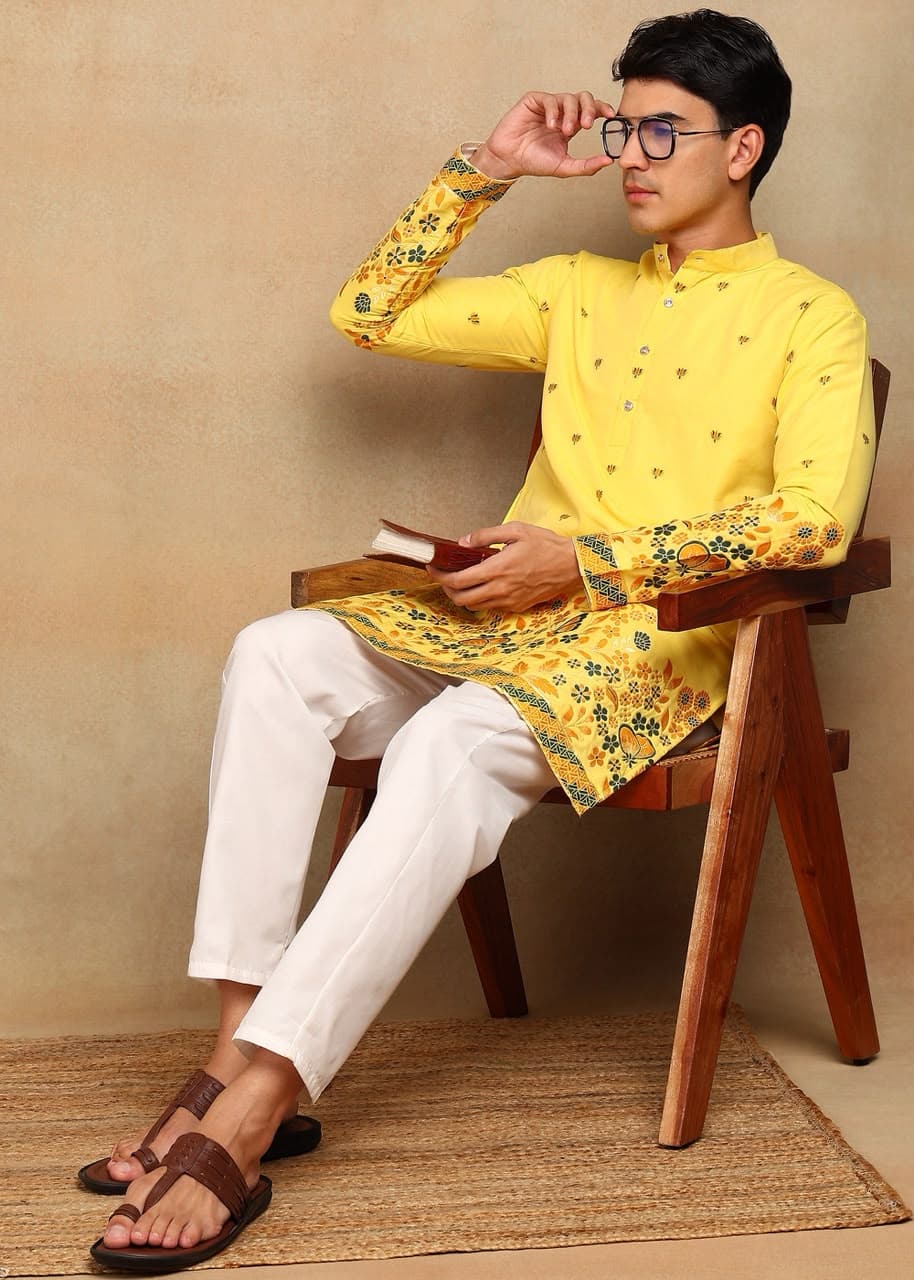 Bright Yellow Butterfly Daman Design Cotton Silk Kurta Set
