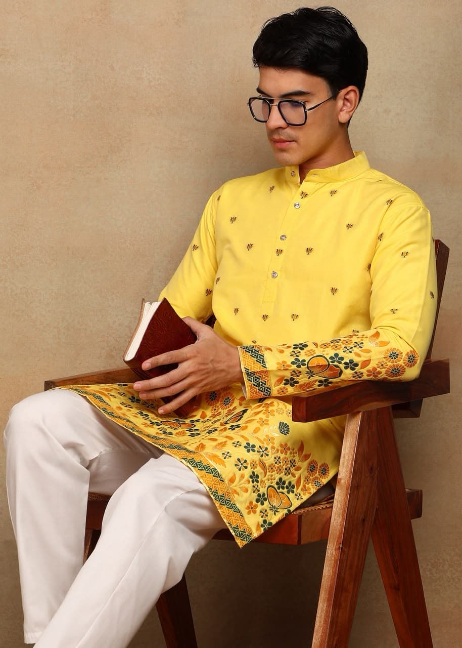 Bright Yellow Butterfly Daman Design Cotton Silk Kurta Set