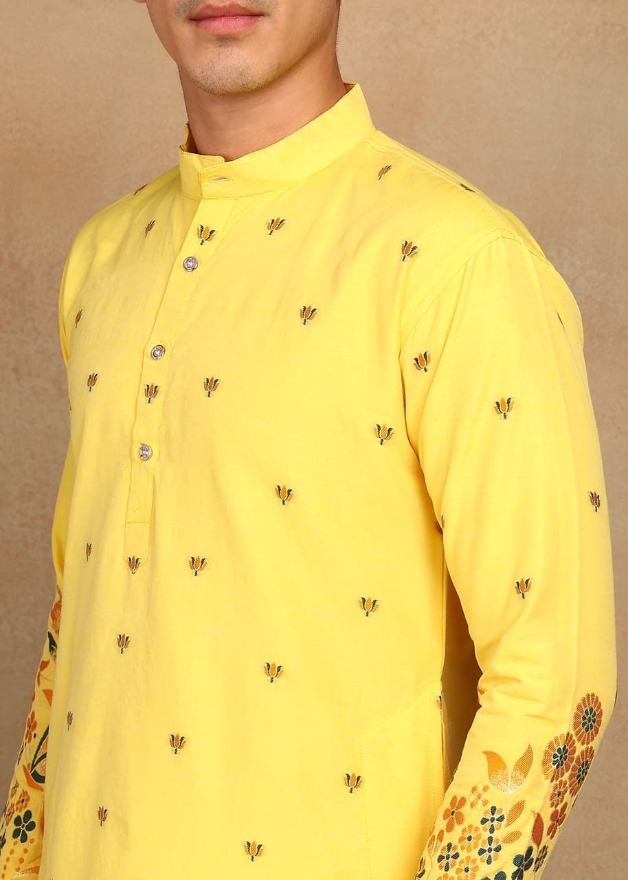 Bright Yellow Butterfly Daman Design Cotton Silk Kurta Set
