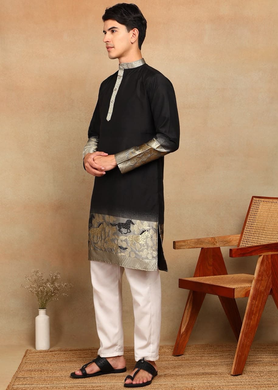 Black Rose Daman Horse Weaving Cotton Silk Kurta Set