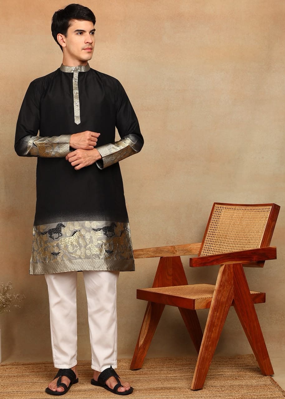 Black Rose Daman Horse Weaving Cotton Silk Kurta Set