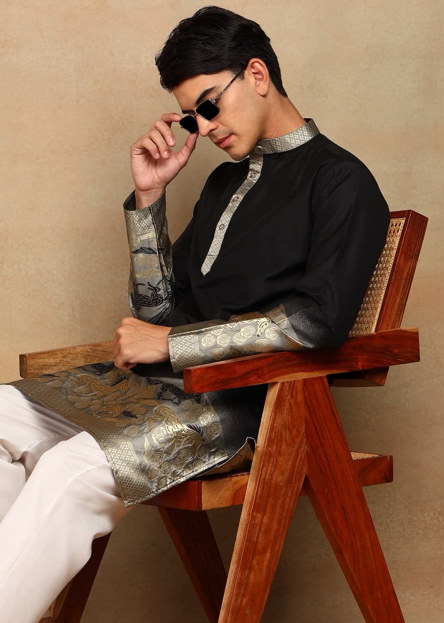 Black Rose Daman Horse Weaving Cotton Silk Kurta Set