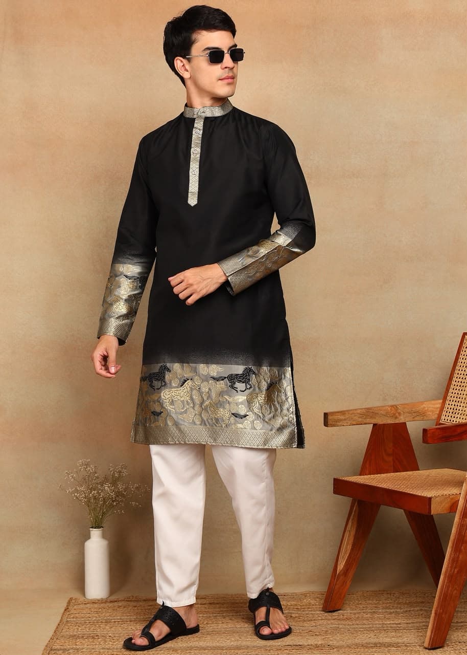 Black Rose Daman Horse Weaving Cotton Silk Kurta Set