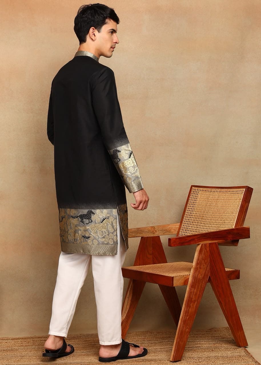 Black Rose Daman Horse Weaving Cotton Silk Kurta Set