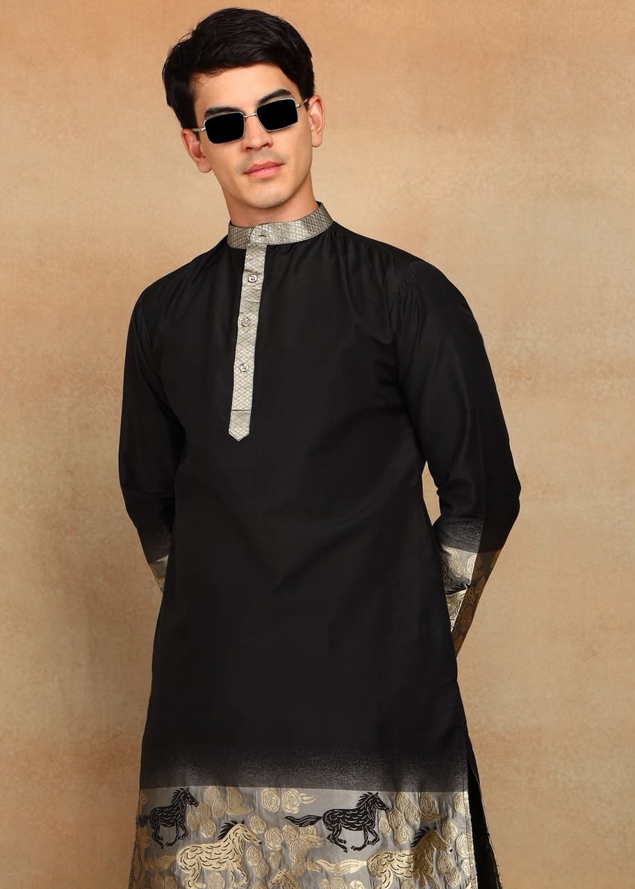 Black Rose Daman Horse Weaving Cotton Silk Kurta Set