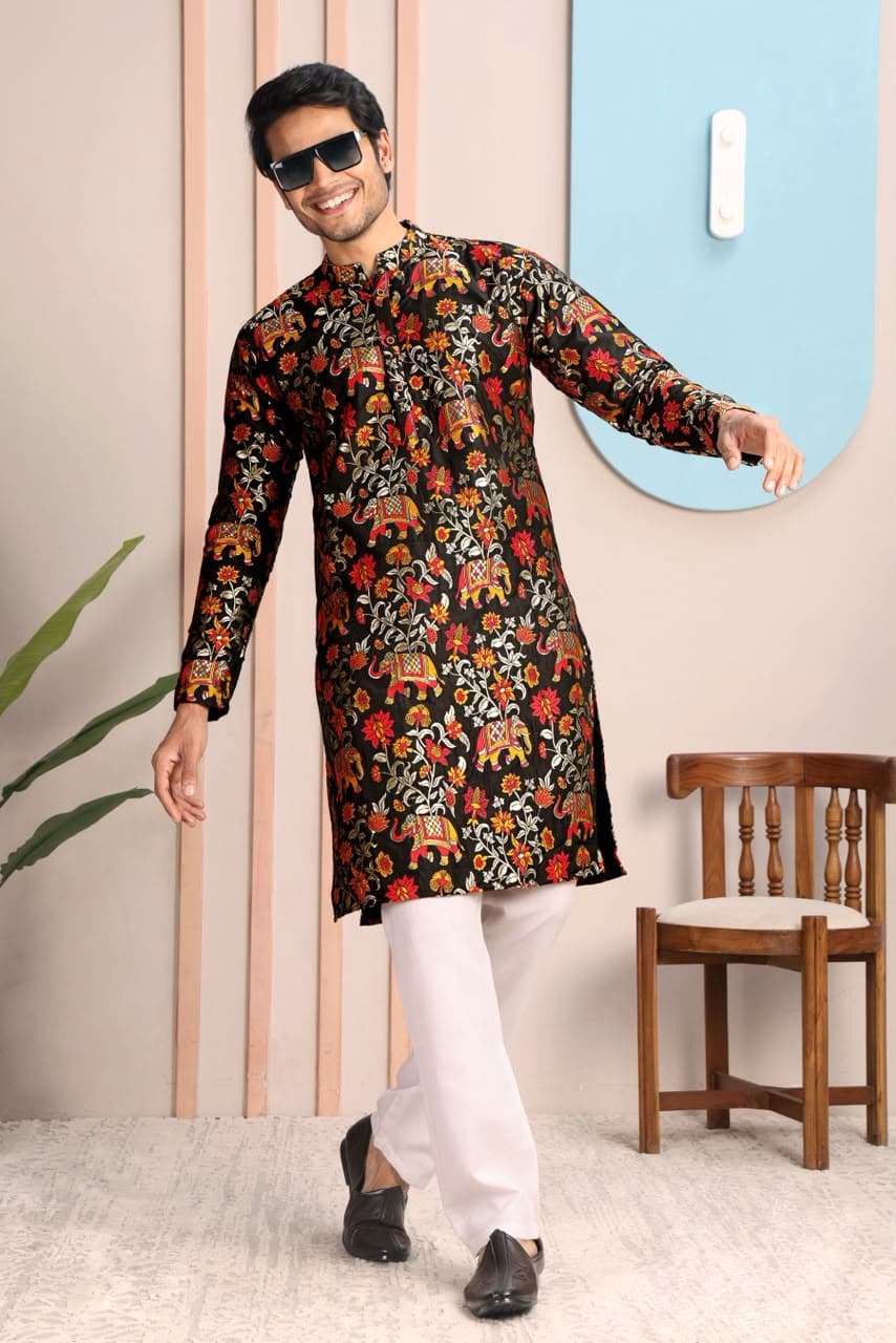 Black Royal Woven Elephant & Floral Pattern Premium Silk Kurta Set