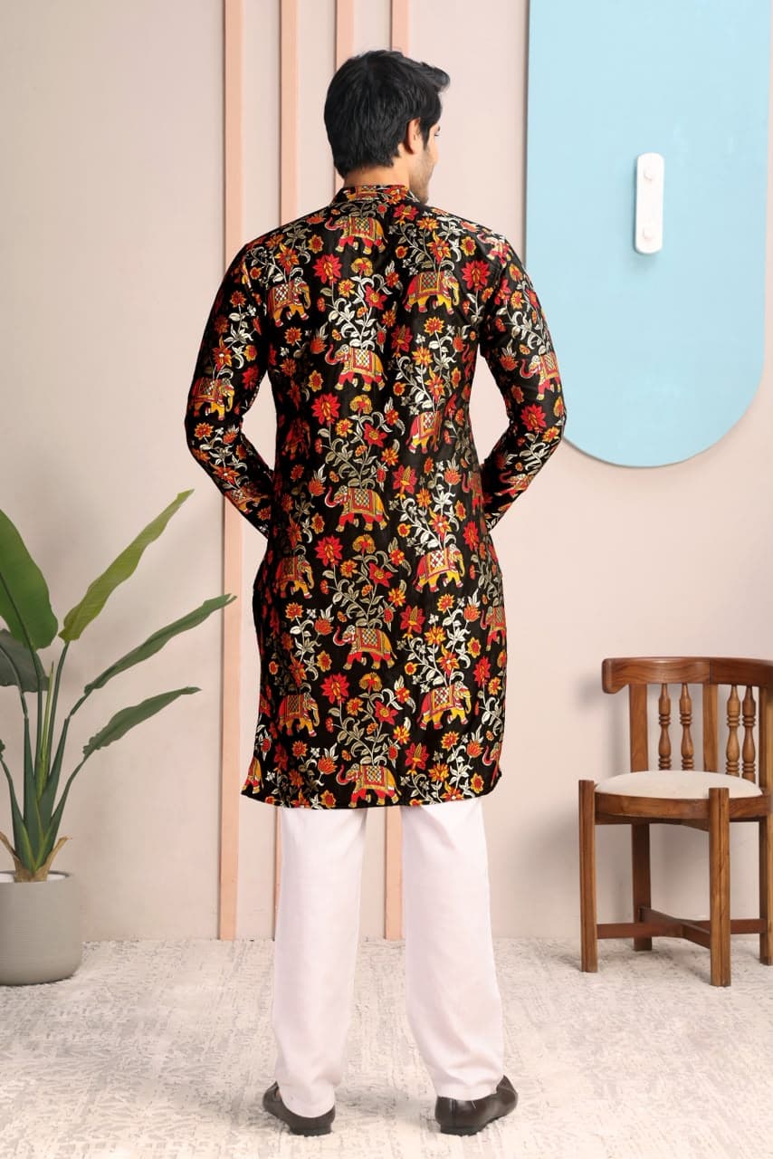Black Royal Woven Elephant & Floral Pattern Premium Silk Kurta Set