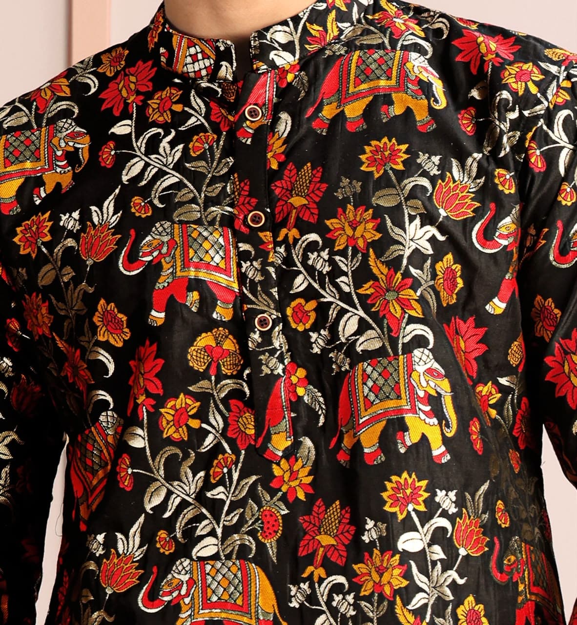 Black Royal Woven Elephant & Floral Pattern Premium Silk Kurta Set