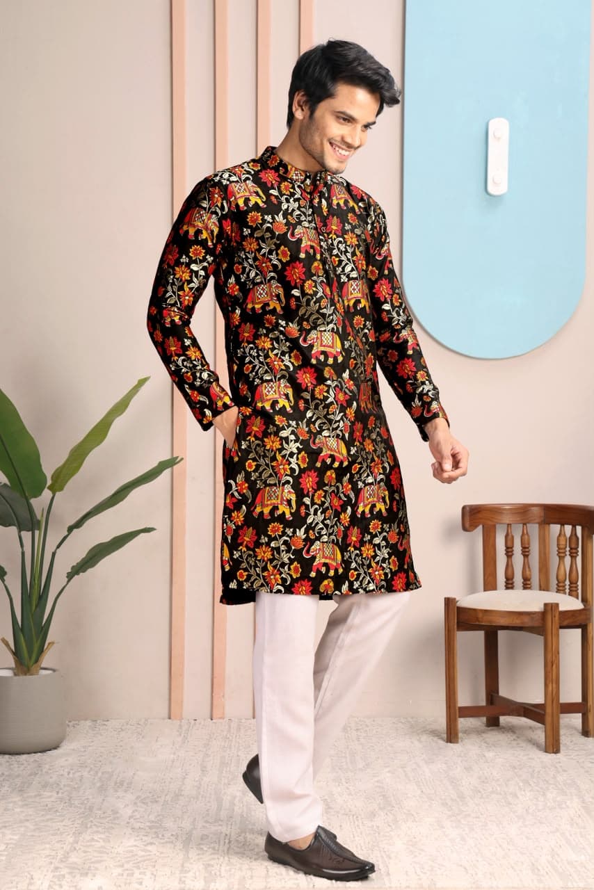 Black Royal Woven Elephant & Floral Pattern Premium Silk Kurta Set