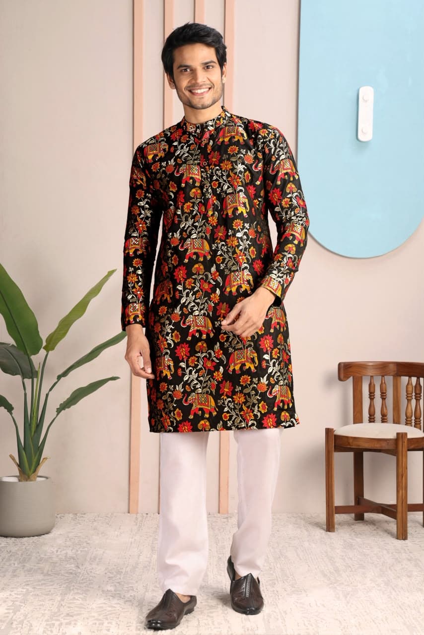 Black Royal Woven Elephant & Floral Pattern Premium Silk Kurta Set