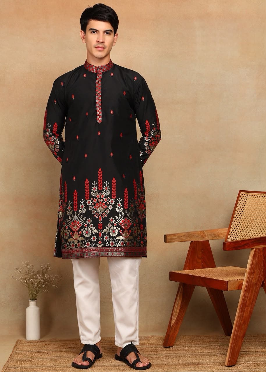 Black Fountain Daman Weaving Cotton Silk Kurta Set