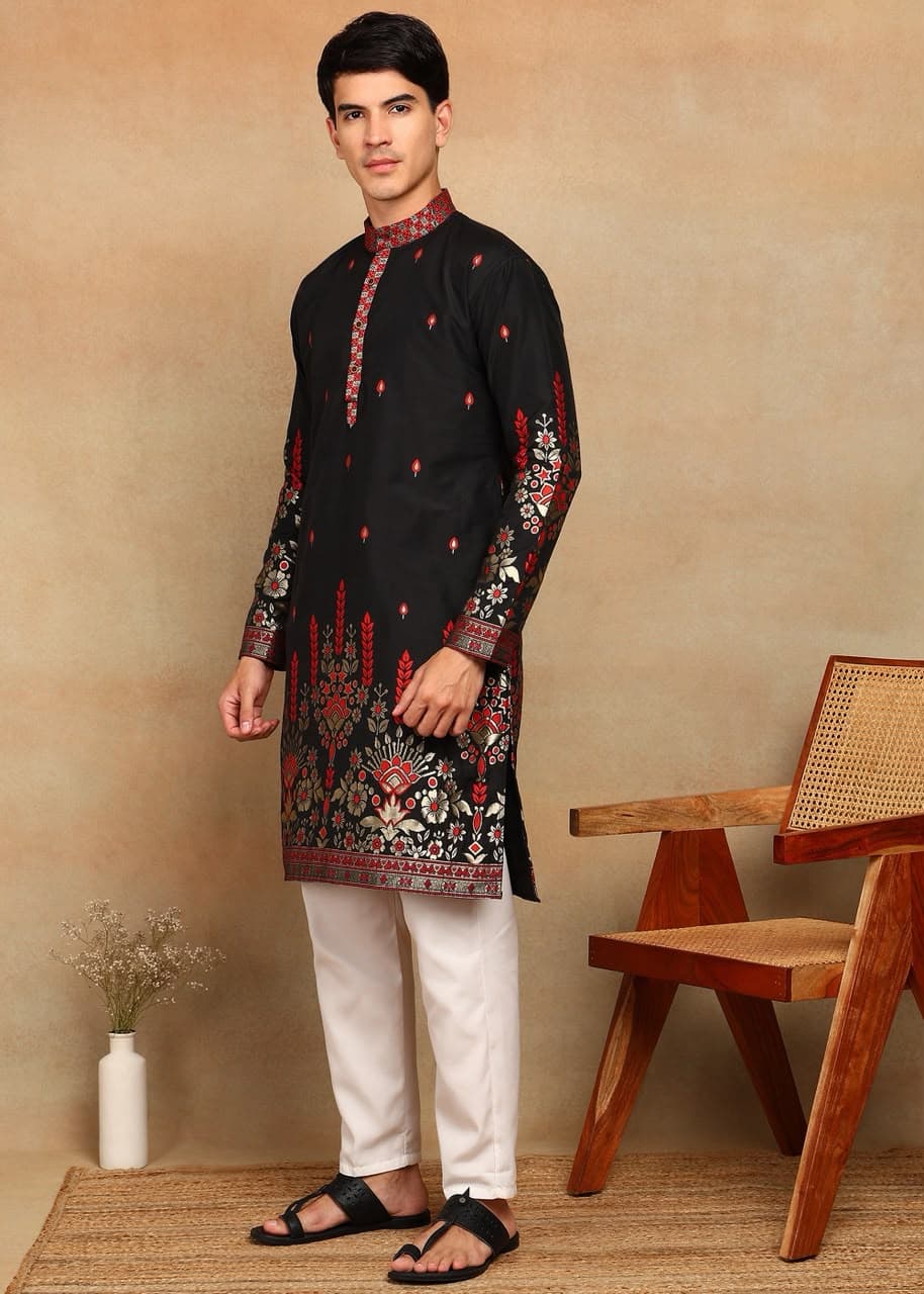 Black Fountain Daman Weaving Cotton Silk Kurta Set