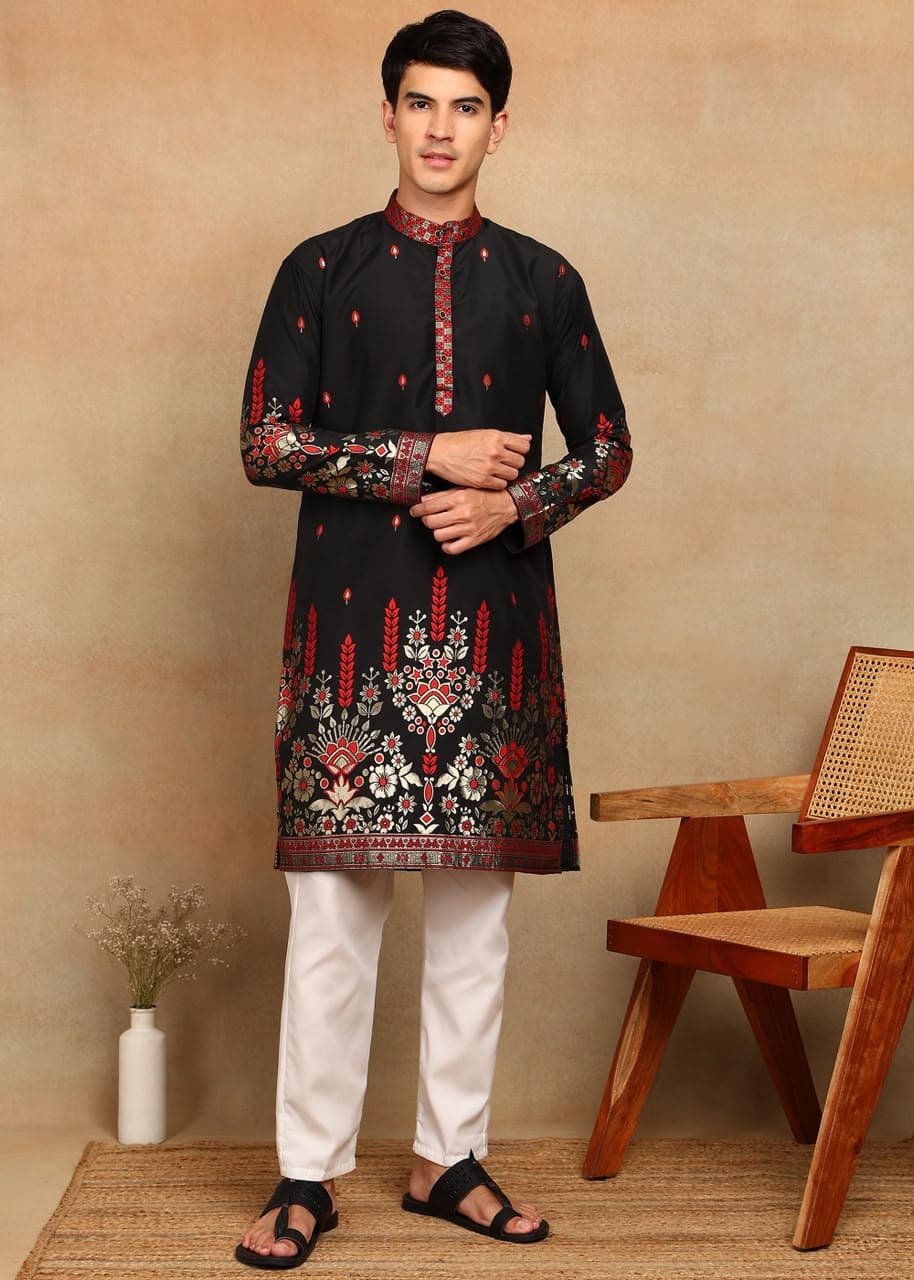 Black Fountain Daman Weaving Cotton Silk Kurta Set
