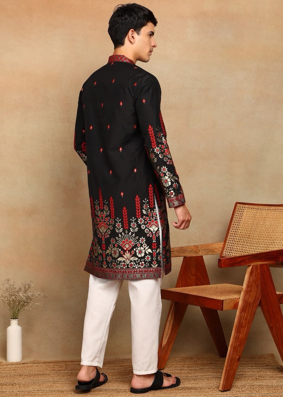 Black Fountain Daman Weaving Cotton Silk Kurta Set