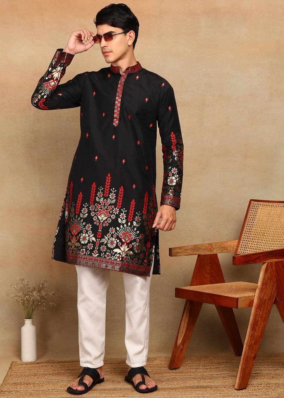 Black Fountain Daman Weaving Cotton Silk Kurta Set