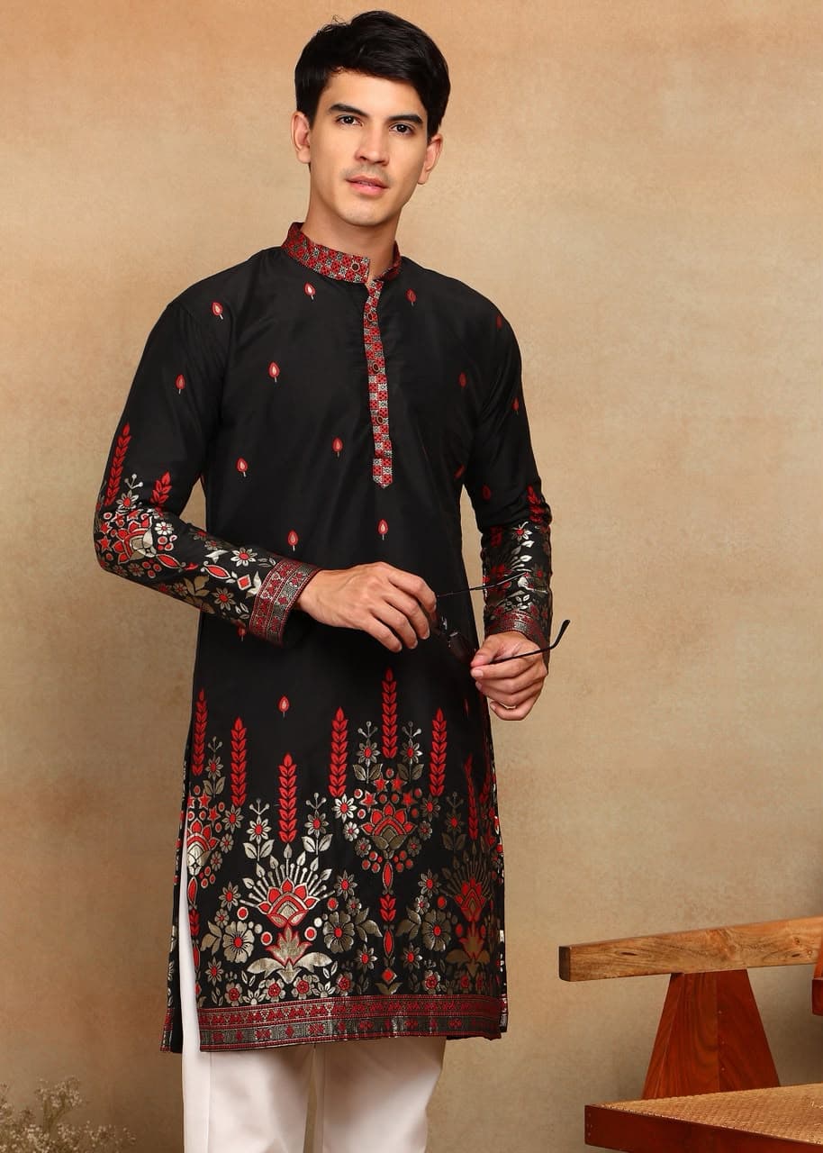 Black Fountain Daman Weaving Cotton Silk Kurta Set
