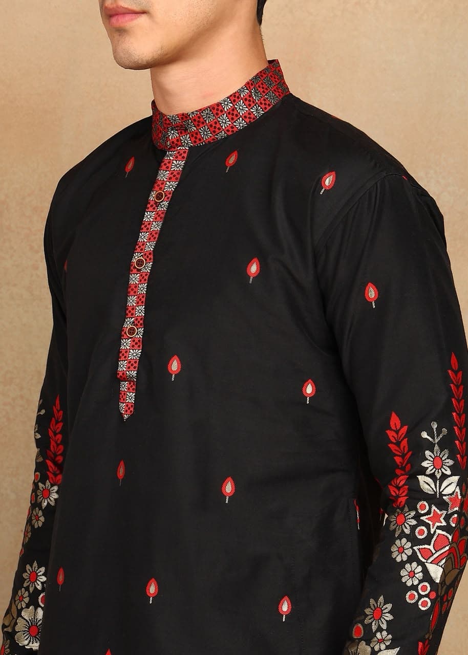 Black Fountain Daman Weaving Cotton Silk Kurta Set