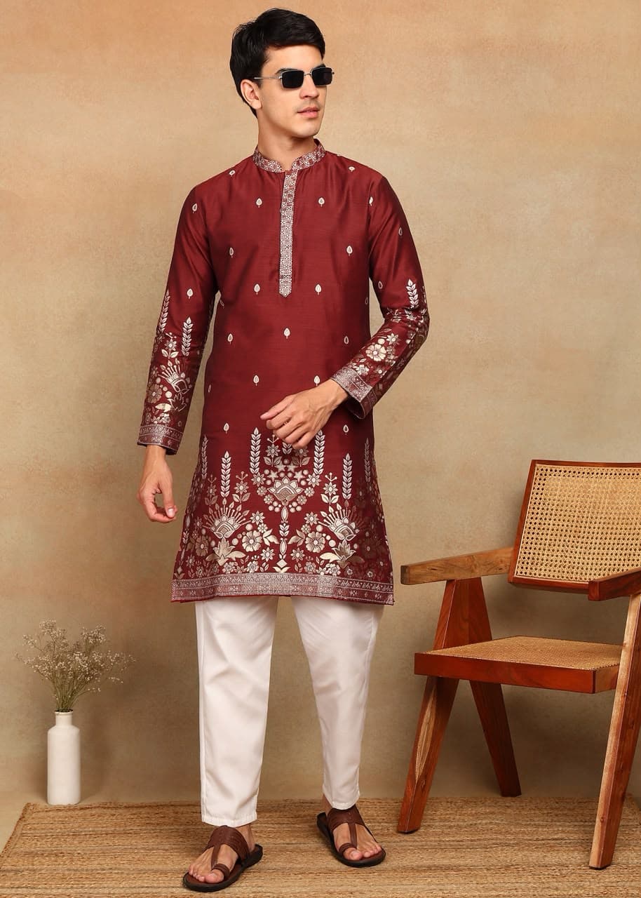 Maroon Fountain Daman Weaving Cotton Silk Kurta Set