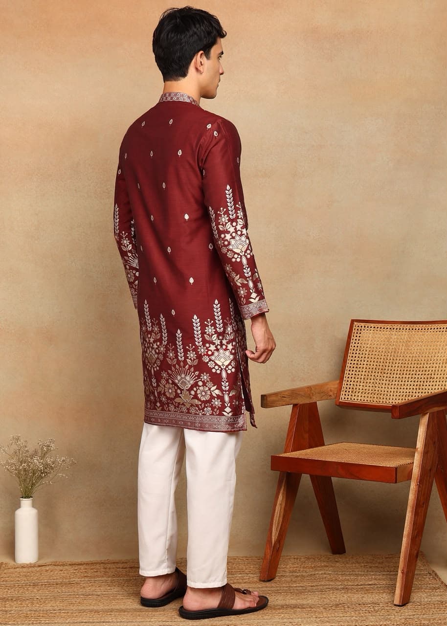 Maroon Fountain Daman Weaving Cotton Silk Kurta Set