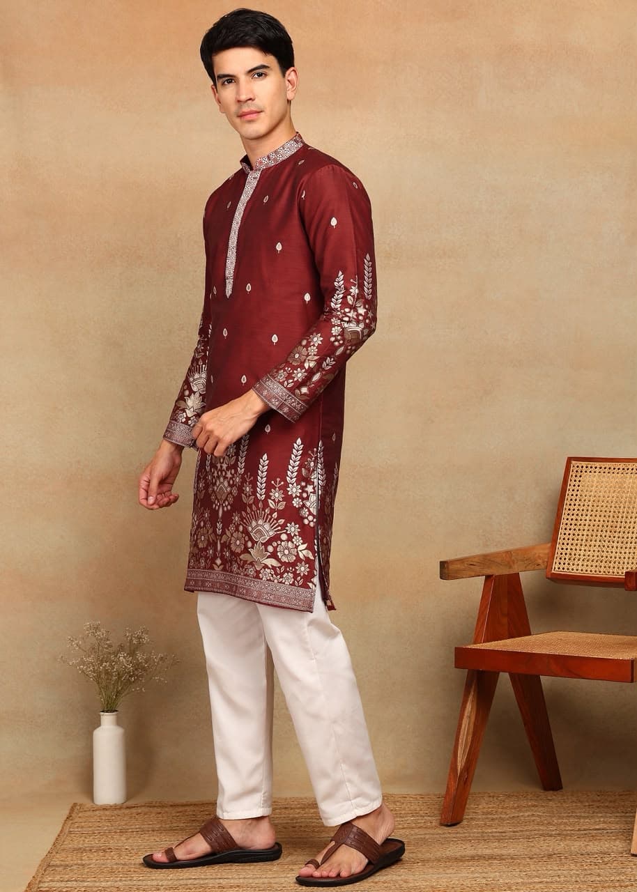 Maroon Fountain Daman Weaving Cotton Silk Kurta Set