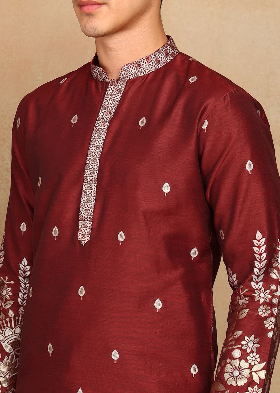 Maroon Fountain Daman Weaving Cotton Silk Kurta Set