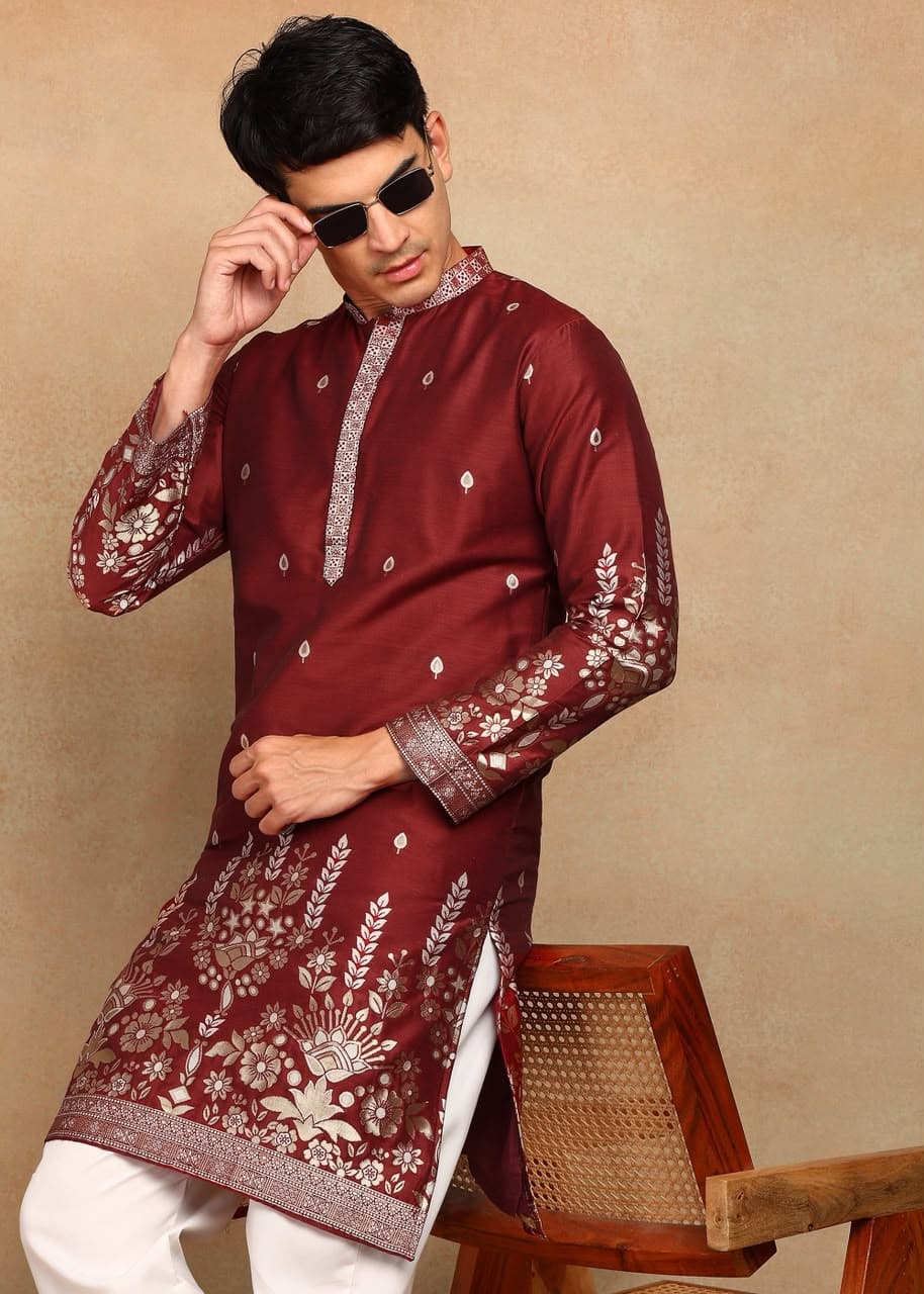 Maroon Fountain Daman Weaving Cotton Silk Kurta Set