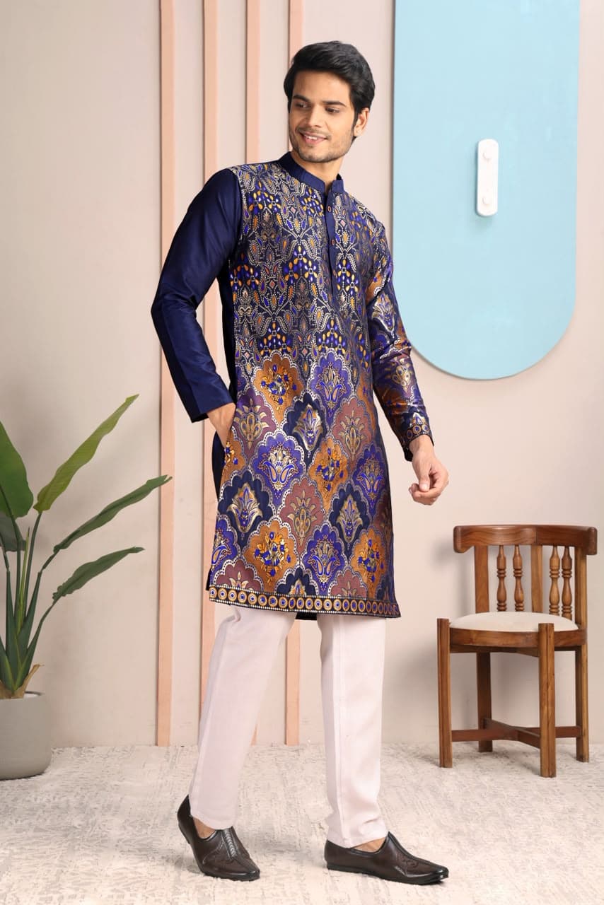 Navy Blue Bismil Royal Brocade Woven Silk Kurta Set