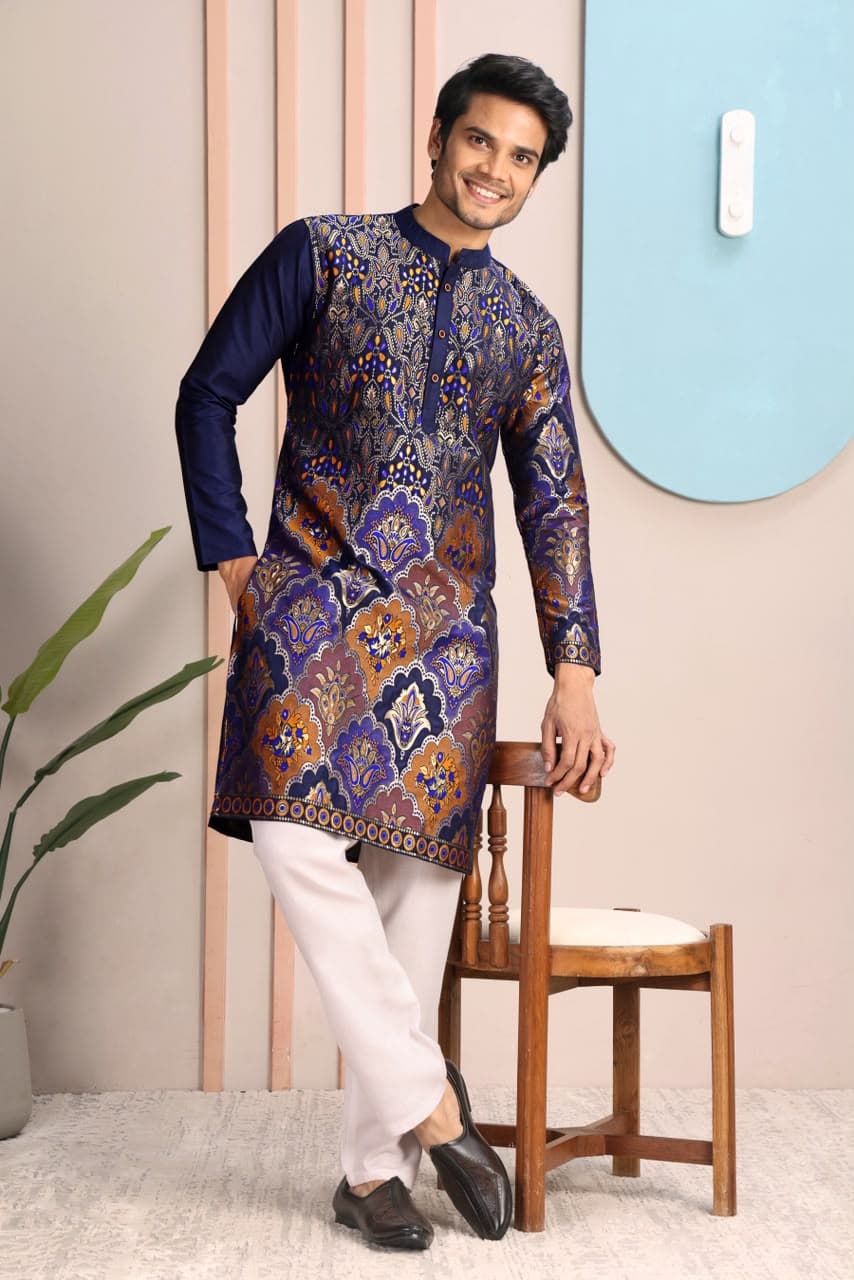 Navy Blue Bismil Royal Brocade Woven Silk Kurta Set