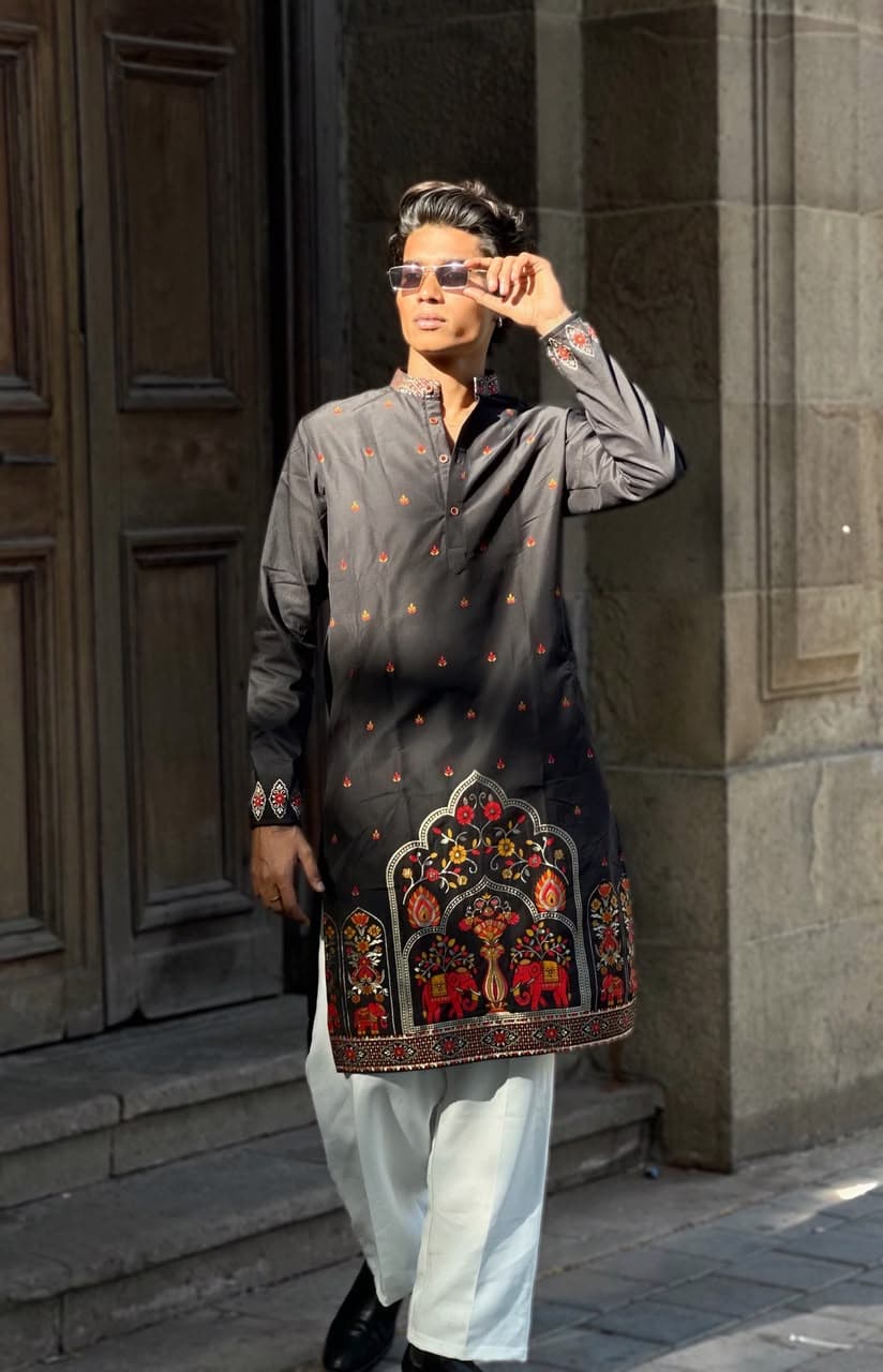 Black Royal Hathi Daman Woven Silk Kurta Set