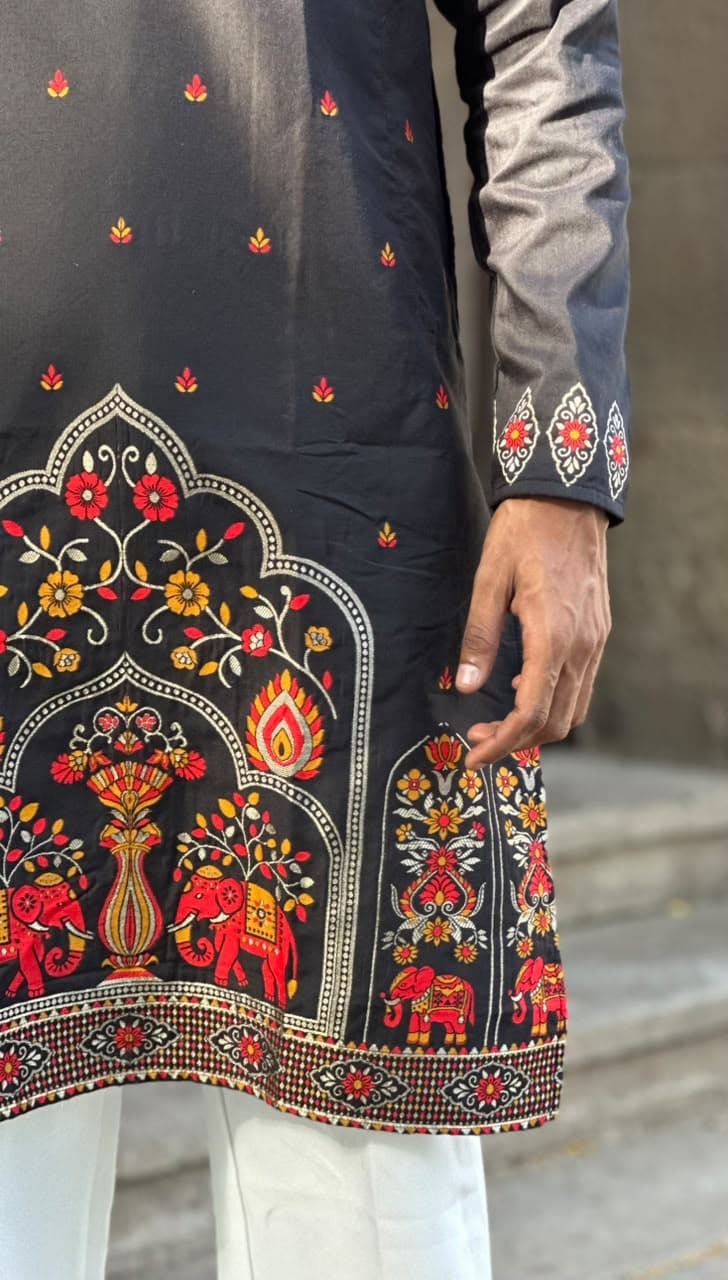 Black Royal Hathi Daman Woven Silk Kurta Set