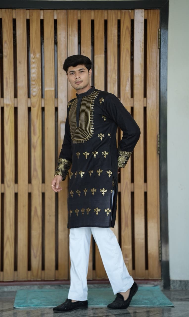 Black Geometric Zari Embroidery Silk Kurta Set