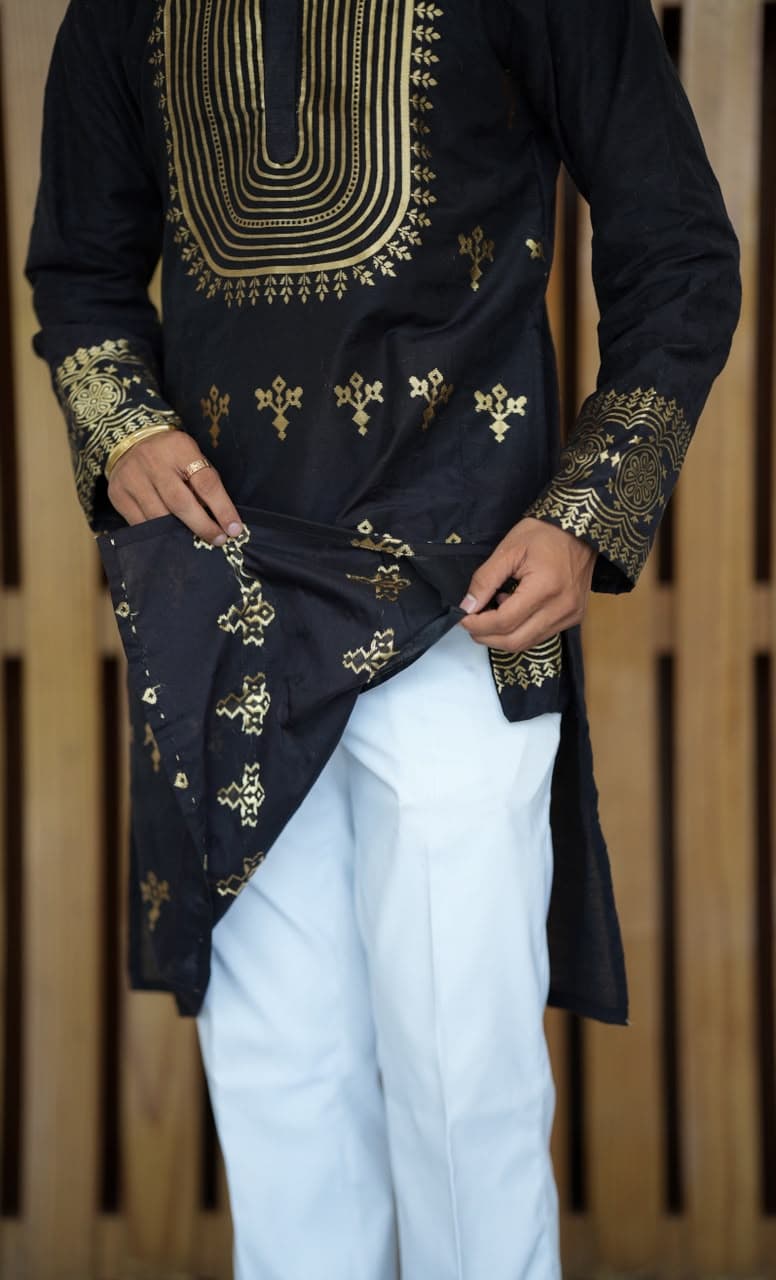Black Geometric Zari Embroidery Silk Kurta Set