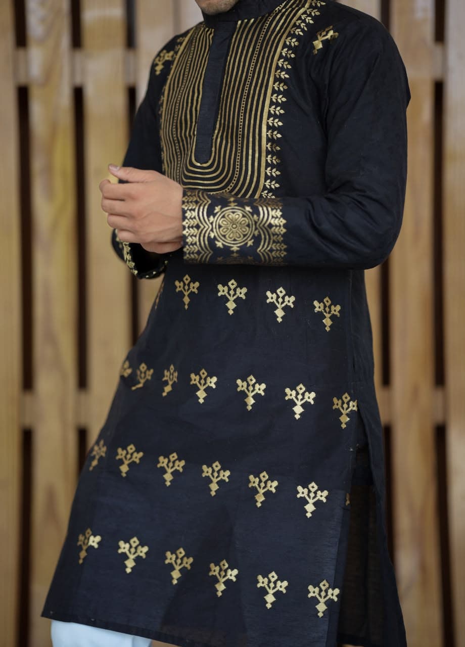 Black Geometric Zari Embroidery Silk Kurta Set