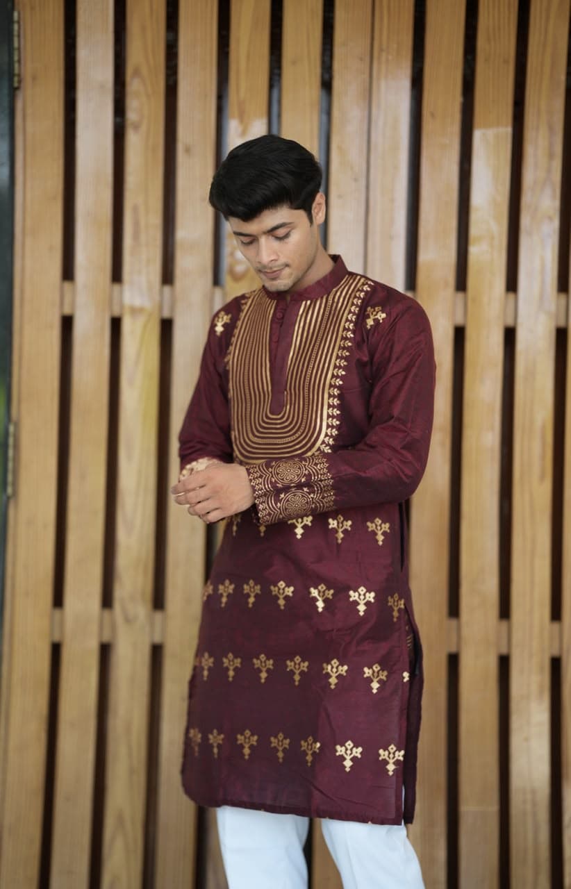 Maroon Geometric Zari Embroidery Silk Kurta Set