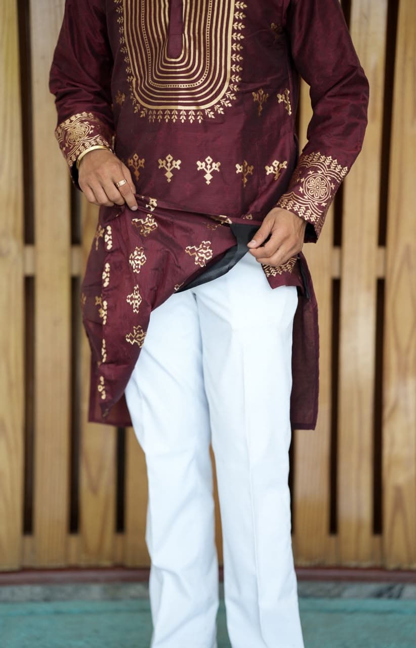 Maroon Geometric Zari Embroidery Silk Kurta Set